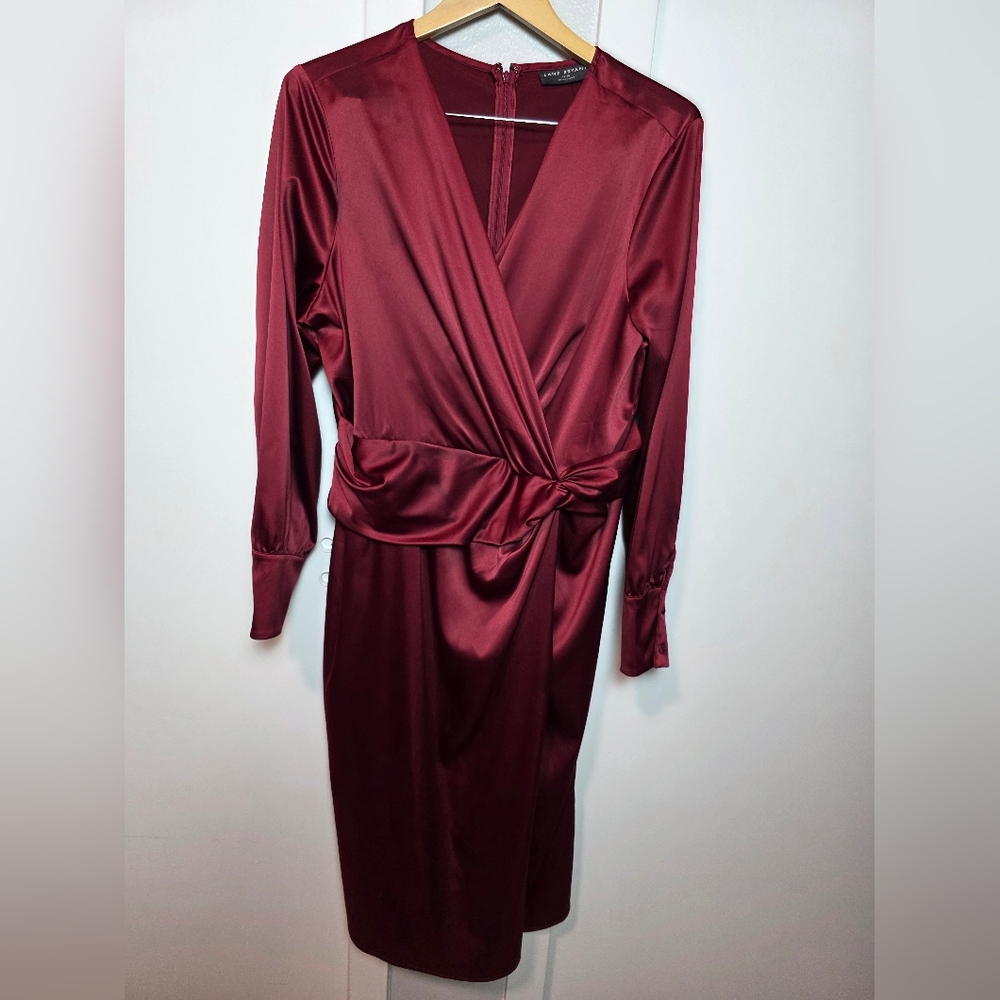 Lane Bryant Burgundy Satin Faux Wrap Dress Size 18/20 Long Sleeve V-Neck
